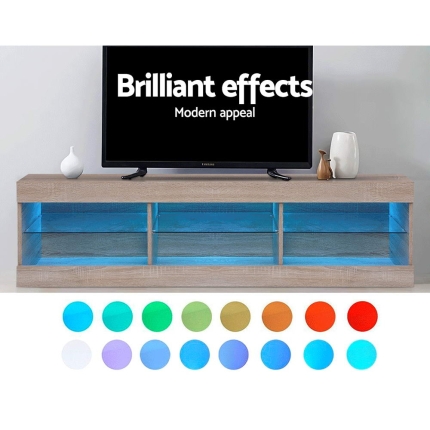 Artiss TV Cabinet Entertainment Unit Stand RGB LED Glass Shelf Storage 150cm Oak - Image 4