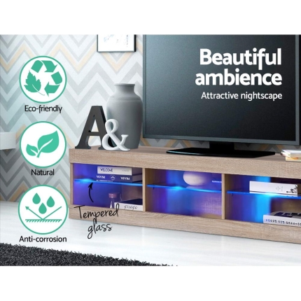 Artiss TV Cabinet Entertainment Unit Stand RGB LED Glass Shelf Storage 150cm Oak - Image 5