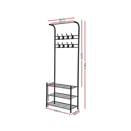 Artiss Clothes Rack Coat Stand Garment Portable Hanger Airer Organiser Shoe Storage Metal Black - Image 2