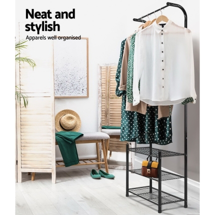 Artiss Clothes Rack Coat Stand Garment Portable Hanger Airer Organiser Shoe Storage Metal Black - Image 4