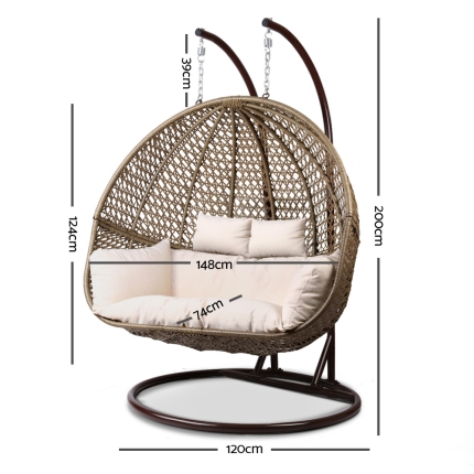 Gardeon Outdoor Double Hanging Swing Chair - Brown - Image 2