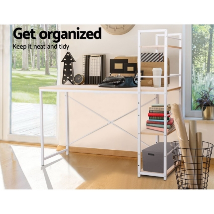 Artiss Metal Desk with Shelves - White with Oak Top - Image 6