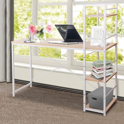 Artiss Metal Desk with Shelves - White with Oak Top - Image 7