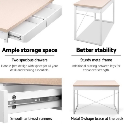 Artiss Metal Desk with Drawer - White with Wooden Top - Image 5