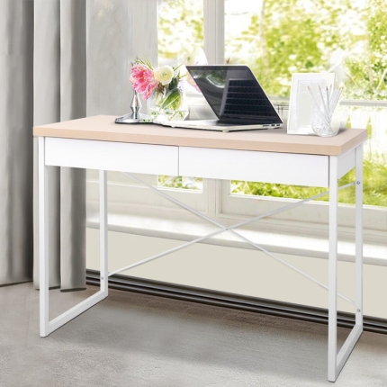 Artiss Metal Desk with Drawer - White with Wooden Top - Image 7