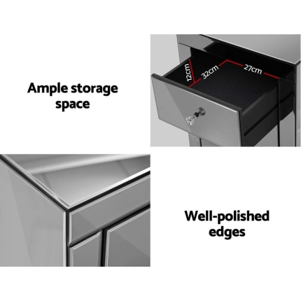 Artiss Mirrored Bedside table Drawers Furniture Mirror Glass Presia Smoky Grey - Image 3