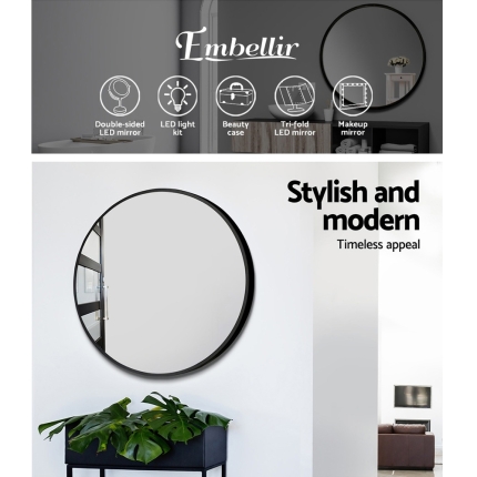 Embellir Round Wall Mirror 70cm Makeup Bathroom Mirror Frameless - Image 4