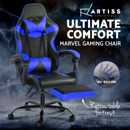Artiss Gaming Office Chairs Computer Seating Racing Recliner Footrest Black Blue - Image 5