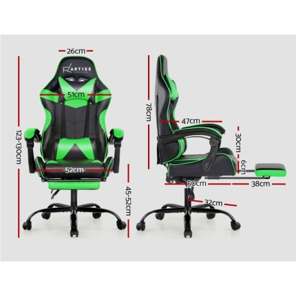 Artiss Office Chair Gaming Chair Computer Chairs Recliner PU Leather Seat Armrest Footrest Black Green - Image 2