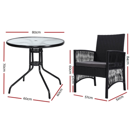 Gardeon Outdoor Furniture Dining Chairs Rattan Garden Patio Cushion Black 3PCS Tea Coffee Cafe Bar Set - Image 2