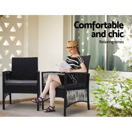 Gardeon Outdoor Furniture Dining Chairs Rattan Garden Patio Cushion Black 3PCS Tea Coffee Cafe Bar Set - Image 3