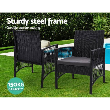 Gardeon Outdoor Furniture Dining Chairs Rattan Garden Patio Cushion Black 3PCS Tea Coffee Cafe Bar Set - Image 4
