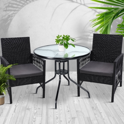 Gardeon Outdoor Furniture Dining Chairs Rattan Garden Patio Cushion Black 3PCS Tea Coffee Cafe Bar Set - Image 7