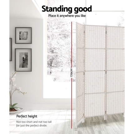 Artiss 3 Panels Room Divider Screen Privacy Rattan Timber Fold Woven Stand White - Image 4