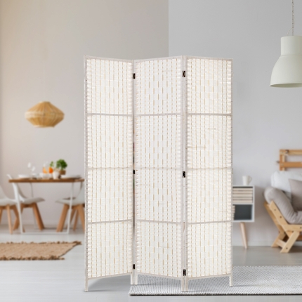 Artiss 3 Panels Room Divider Screen Privacy Rattan Timber Fold Woven Stand White - Image 7