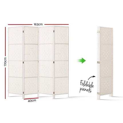 Artiss 4 Panels Room Divider Screen Privacy Rattan Timber Fold Woven Stand White - Image 2