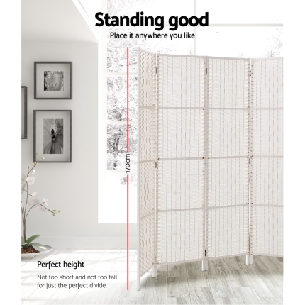 Artiss 4 Panels Room Divider Screen Privacy Rattan Timber Fold Woven Stand White - Image 3