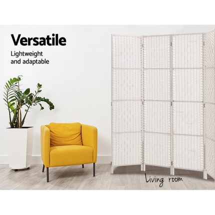 Artiss 4 Panels Room Divider Screen Privacy Rattan Timber Fold Woven Stand White - Image 4