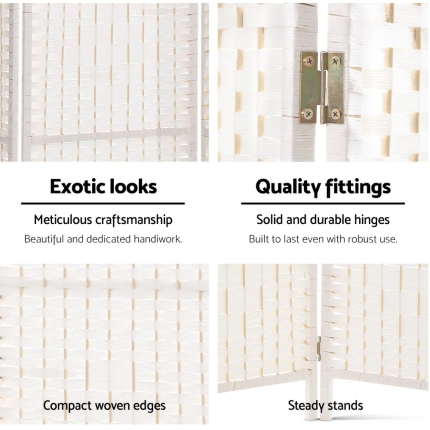 Artiss 4 Panels Room Divider Screen Privacy Rattan Timber Fold Woven Stand White - Image 6