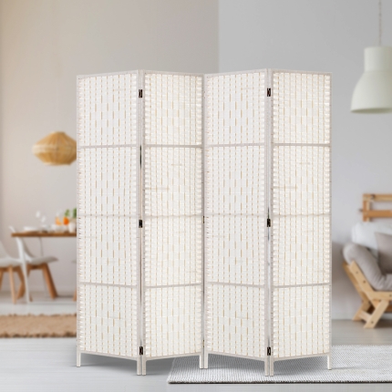 Artiss 4 Panels Room Divider Screen Privacy Rattan Timber Fold Woven Stand White - Image 7
