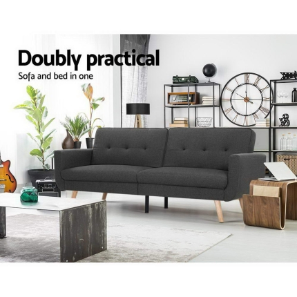 Artiss Sofa Bed Lounge Set Couch Futon 3 Seater Fabric Reliner 197cm Dark Grey - Image 3