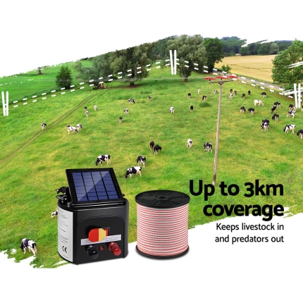Giantz 3km Solar Electric Fence Energiser Charger with 400M Tape and 25pcs Insulators - Image 4
