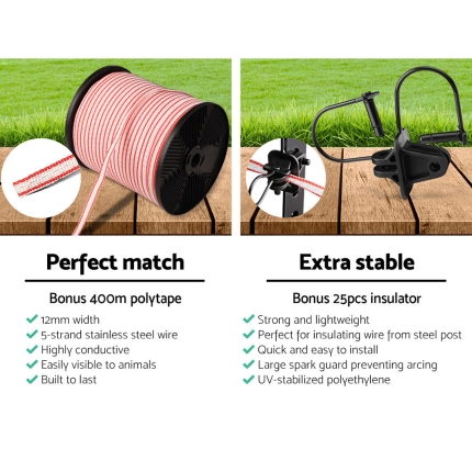 Giantz 3km Solar Electric Fence Energiser Charger with 400M Tape and 25pcs Insulators - Image 6