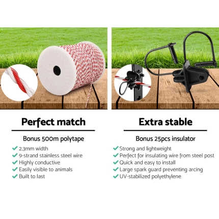 Giantz 3km Solar Electric Fence Energiser Charger with 500M Tape and 25pcs Insulators - Image 6