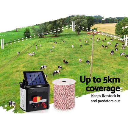 Giantz 5km Solar Electric Fence Energiser Charger with 500M Tape and 25pcs Insulators - Image 4