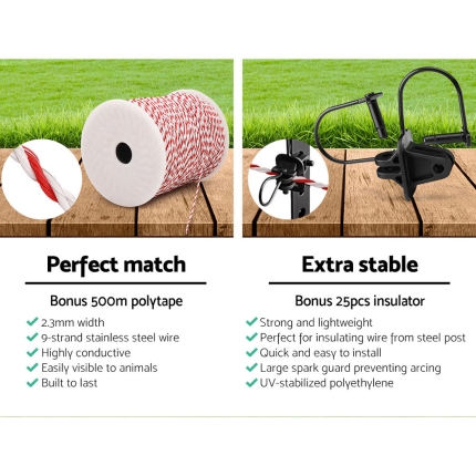 Giantz 5km Solar Electric Fence Energiser Charger with 500M Tape and 25pcs Insulators - Image 6