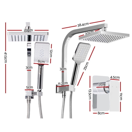 Cefito WELS 8'' Rain Shower Head Mixer Square Handheld High Pressure Wall Chrome - Image 2