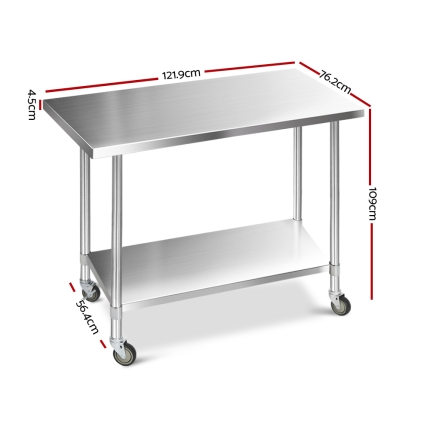 Cefito 1219 x 762mm Commercial Stainless Steel Kitchen Bench with 4pcs Castor Wheels - Image 2