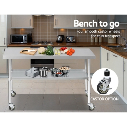 Cefito 1524 x 762mm Commercial Stainless Steel Kitchen Bench with 4pcs Castor Wheels - Image 6