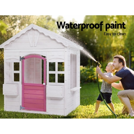 Kids Wooden Cubby House with Floor Outdoor Childrens Pretend Play - Image 5