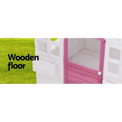 Kids Wooden Cubby House with Floor Outdoor Childrens Pretend Play - Image 6
