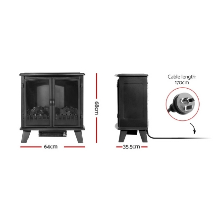Devanti Electric Fireplace Heater Portable Fire Log Wood Effect Dual Door 1800W Black - Image 2