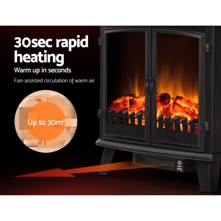 Devanti Electric Fireplace Heater Portable Fire Log Wood Effect Dual Door 1800W Black - Image 4