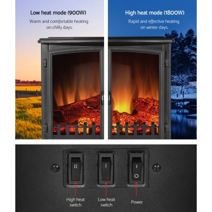 Devanti Electric Fireplace Heater Portable Fire Log Wood Effect Dual Door 1800W Black - Image 6