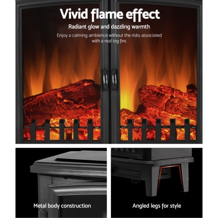 Devanti Electric Fireplace Heater Portable Fire Log Wood Effect Dual Door 1800W Black - Image 7
