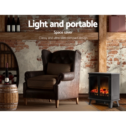 Devanti Electric Fireplace Heater Portable Fire Log Wood Effect Dual Door 1800W Black - Image 8