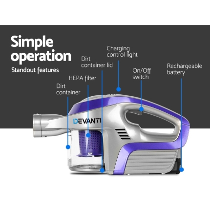 Devanti Cordless 150W Handstick Vacuum Cleaner - Purple and Grey - Image 4