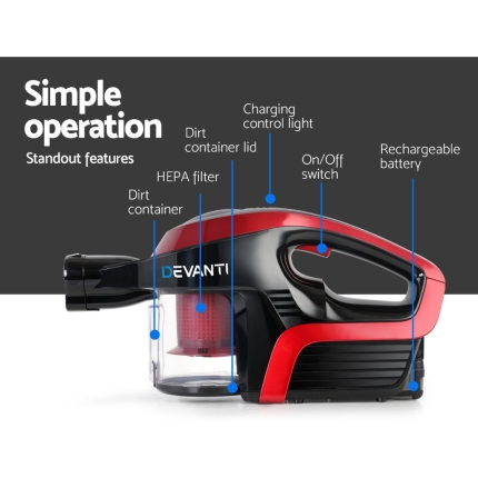 Devanti Cordless 150W Handstick Vacuum Cleaner - Red and Black - Image 4