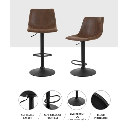Artiss 2x Kitchen Bar Stools Gas Lift Bar Stool Chairs Swivel Vintage Leather Brown Coated Legs - Image 3