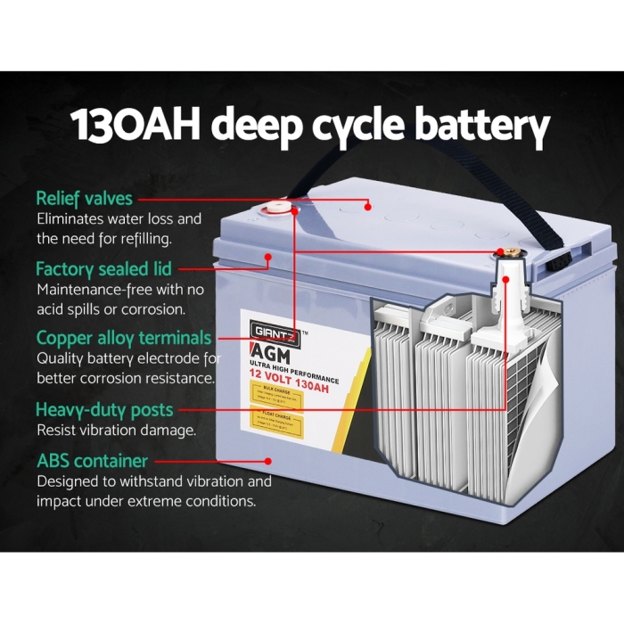 GIANTZ 130Ah Deep Cycle Battery & Battery Box 12V AGM Marine Sealed Power Solar