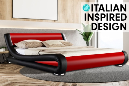 Queen Size Faux Leather Curved Bed Frame - Red - Image 2