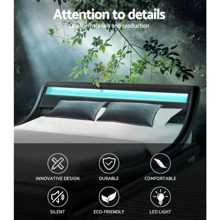 Artiss LED Bed Frame King Size Mattress Base Platform Black Leather Wooden ALEX - Image 3