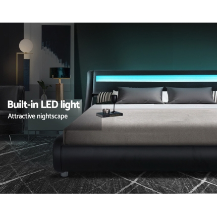 Artiss LED Bed Frame King Size Mattress Base Platform Black Leather Wooden ALEX - Image 4