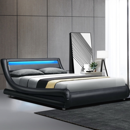 Artiss LED Bed Frame King Size Mattress Base Platform Black Leather Wooden ALEX - Image 7