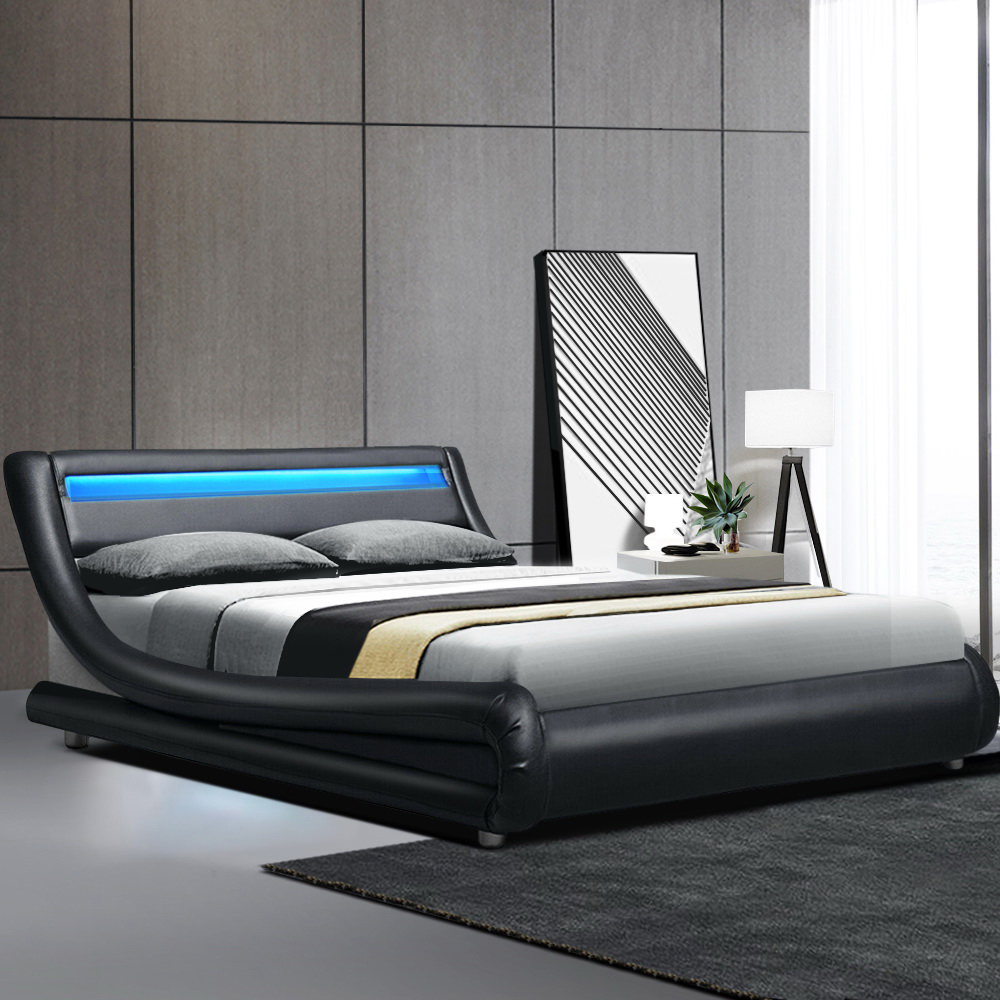 Artiss LED Bed Frame Queen Size Base Mattress Platform Black Leather