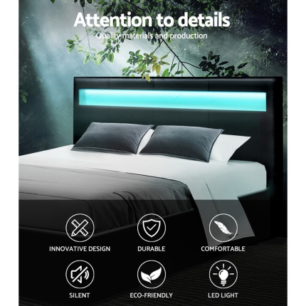 Artiss LED Bed Frame Queen Size Gas Lift Base With Storage Black Leather - Image 3